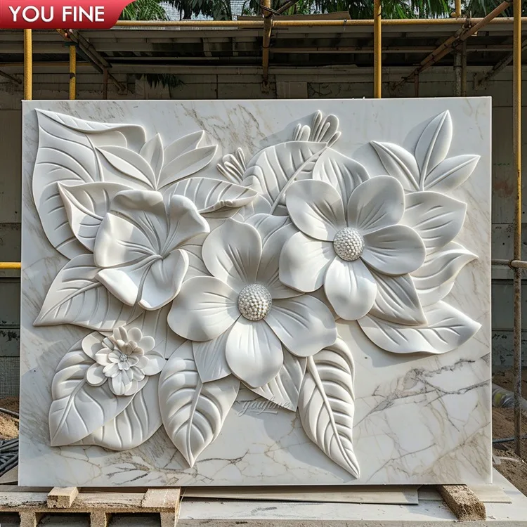 Lifelike Wall Marble Relief Flower Sculpture - Handcarved Natural