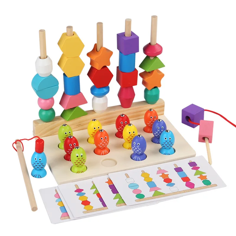 Ensemble de jouets de séquençage de perles en bois Montessori Blocs empilables Perles de laçage Jouets de pêche Jouets éducatifs Cadeau pour les tout-petits