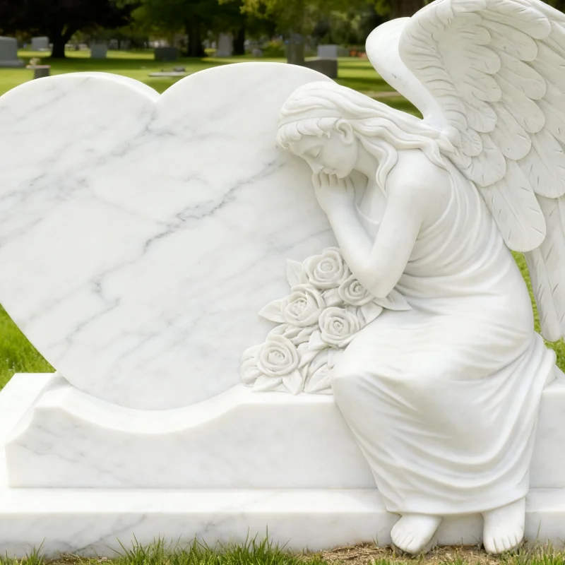 product bianco carrara marble tombstones and monuments with angel  heart shape headstone design for cemetery white marble tombstone-1
