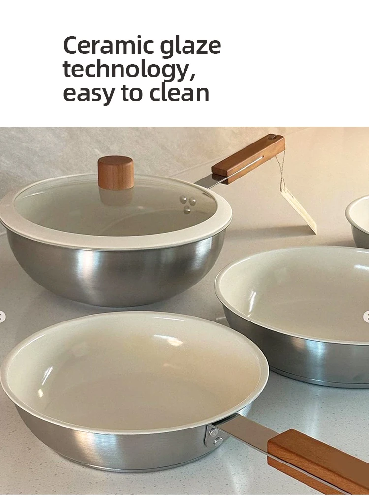 Custom Modern Kitchen Cream Three Layer Bottom Ceramic Glaze Paint Non Stick Stainless Steel 304 Frying Skillet Pan with Lid