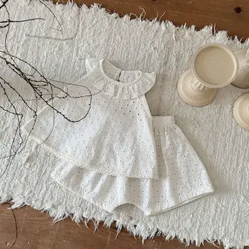 Ins Summer Infant hollow-out embroidered ruffled collar sleeveless top + Shorts baby girl princess style two-piece set