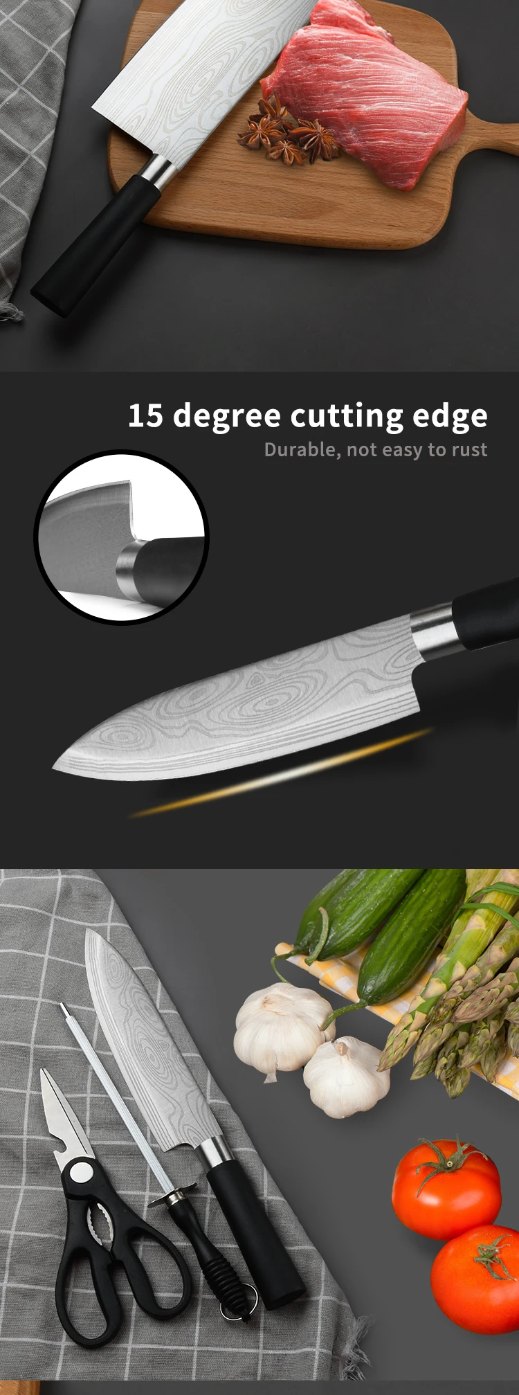 6pcs Stainless Steel Kitchen Knives Set Chef Knife Slicing Meat Cleaver Fruit Knife Ceramic Peeler