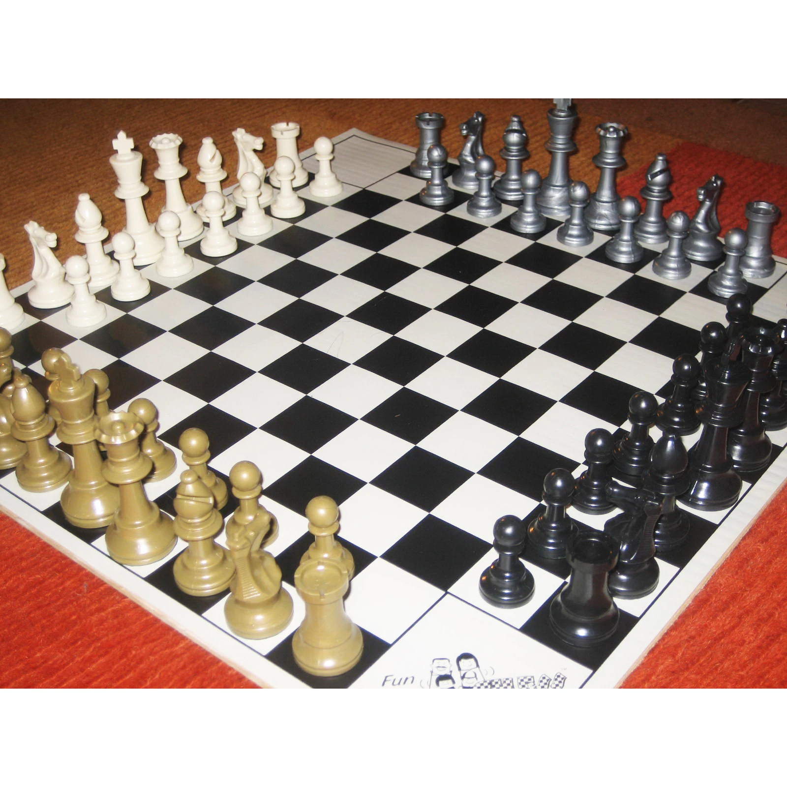  Three or Four Players Chess Set：A Leather Game Mat + 4 Packs of  Pieces (64 Pieces) + 1 Game Manual + A Drawstring Storage Bag. A Strategy  Chess Game for 2-4 Players : Toys & Games