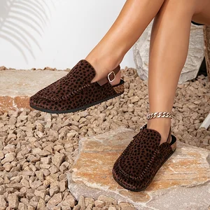 Autumn and Summer New Women's Leopard Print Sandals Round Toe Retro Women's Flat Sandals Casual Outdoor Sandals