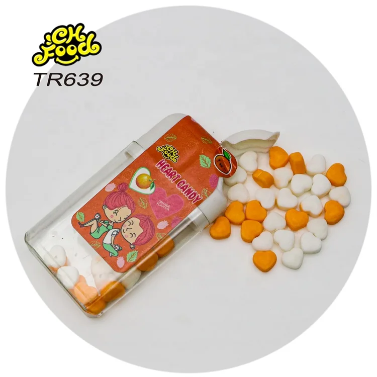 Custom Individual Label Plastic Bottle Packing Fruit Flavor Heart Shape Tablet Candy Wholesale Halal Candy Toy