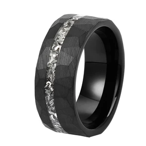 8mm Comfort Fit Muonionalusta Meteorite Fillings Black-Plated Faceted Hammered Tungsten Wedding Band for Men