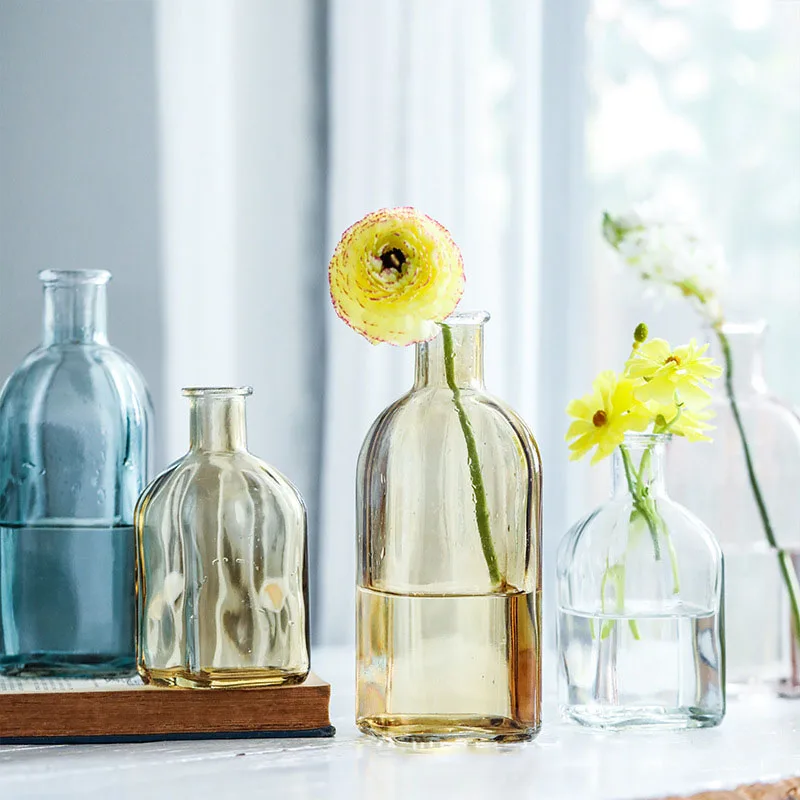 Colored Glass Vase for Home Decor Narrow-mouth Square Modern Blue Wedding Vase Glass