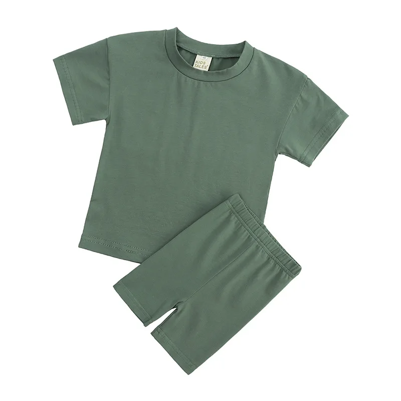Conyson Kids Solid Color Two Piece Biker Shorts Set Toddler Girls Custom Summer Outfits Children Boutique Clothing Sets