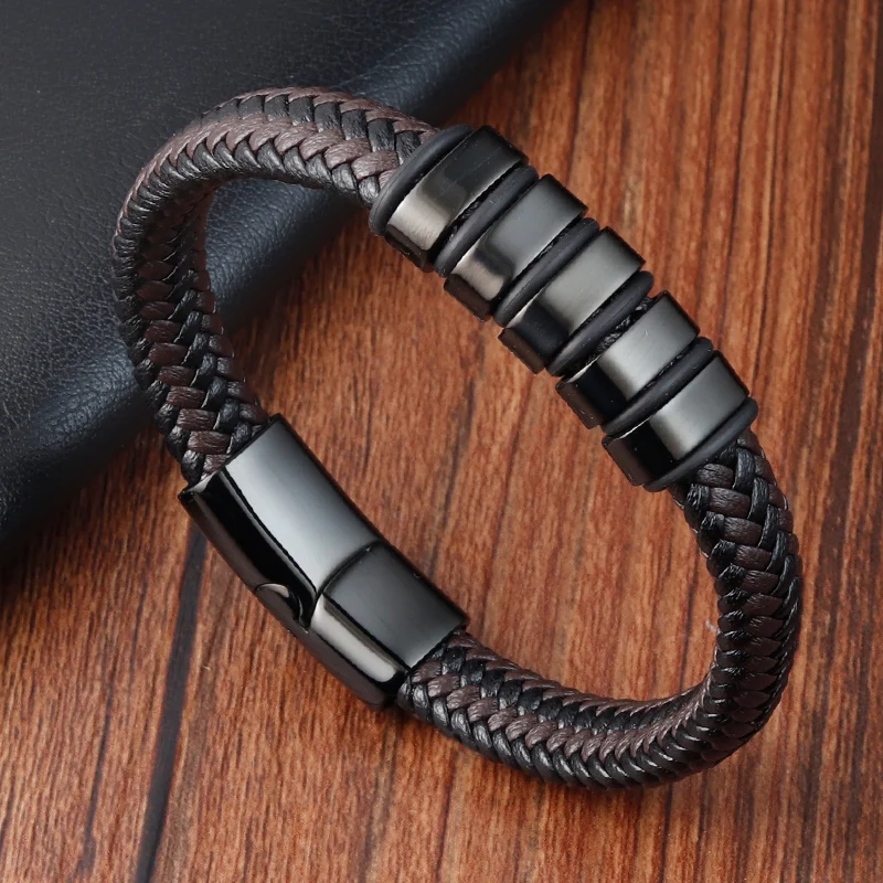 Black Plated Wide Woven Braided Leather Bracelet Custom Name Engraved ...