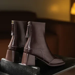 5598-1 British Style Retro Square Head Women's for Martin Boots Autumn Winter High Heel Short Boots Red Brown Knight Boots 6CM