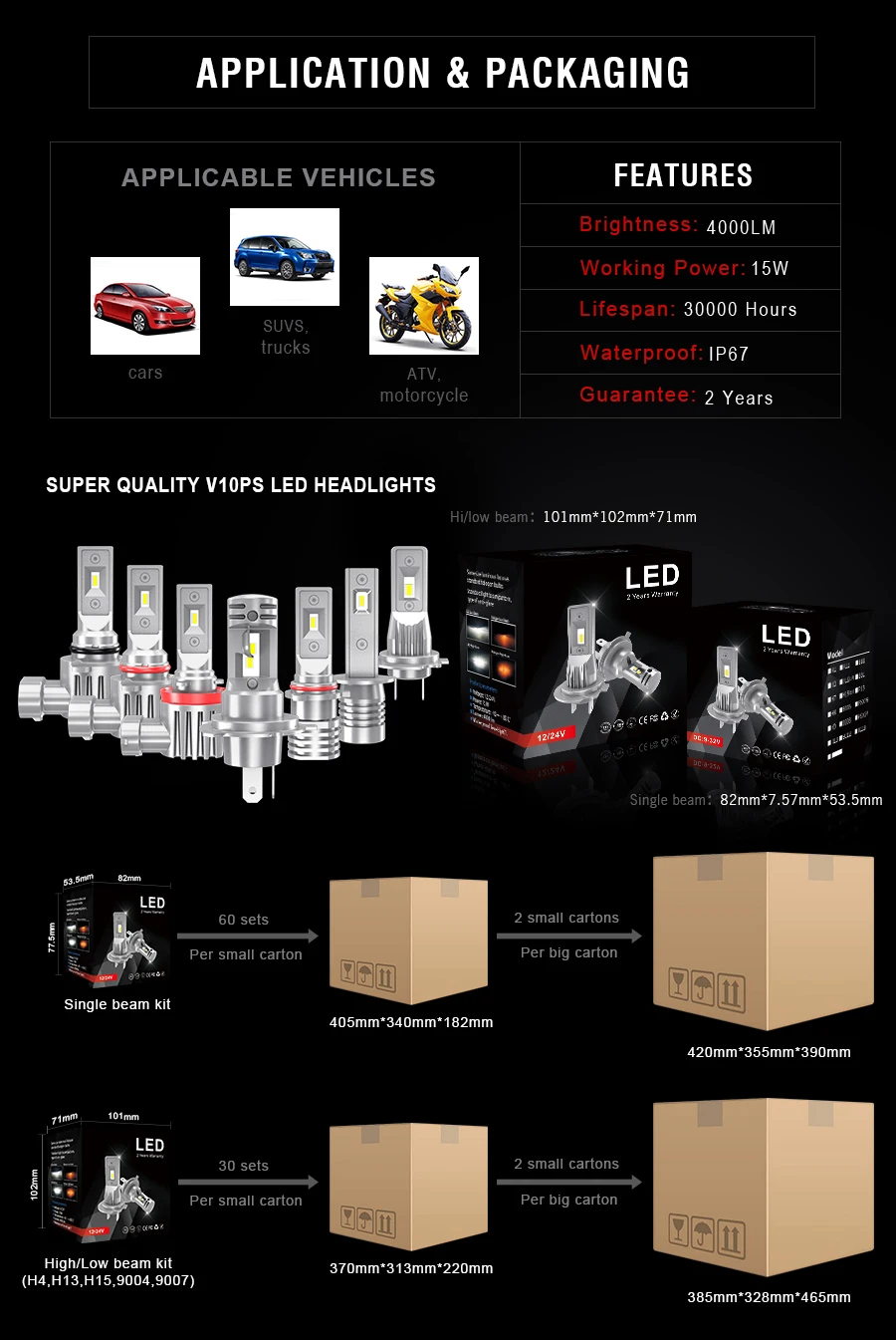 Hot Sale H4 Led Headlight V10ps H4 H7 H11 H13 No Fan Design Halogen