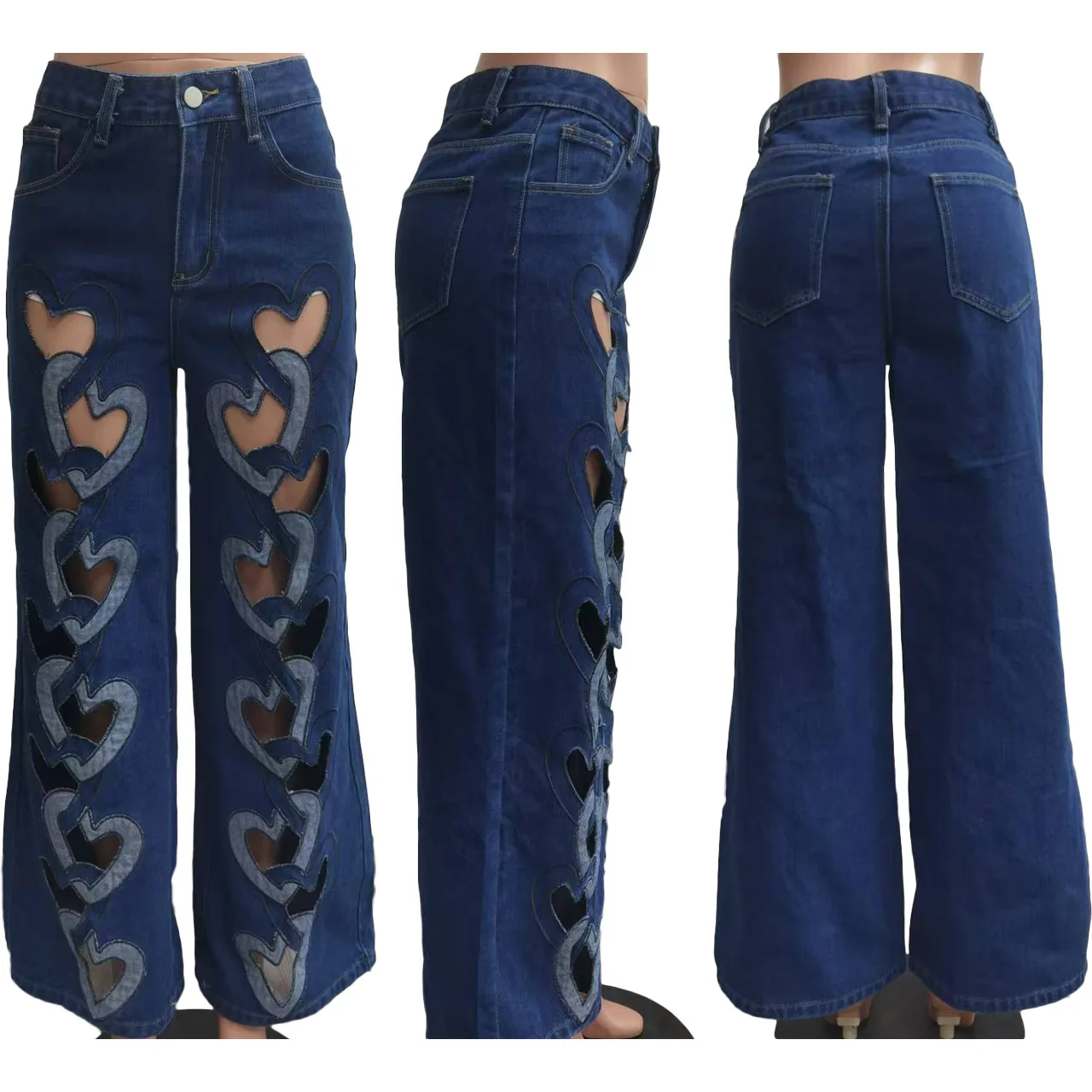 New Design Girls Heart Cutout Washed Jeans Loose Hollow Out 