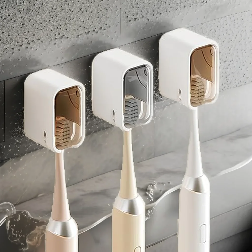 Waterproof Wall-Mounted Toothbrush Holders Strong Self-Adhesive Bathroom Organizer with Cover for Family