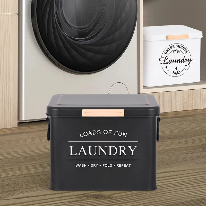 Laundry Room Series Dryer Sheets Holder Black Clamshell Washing Powder Storage Box Galvanized Iron Custom Made Laundry Bin