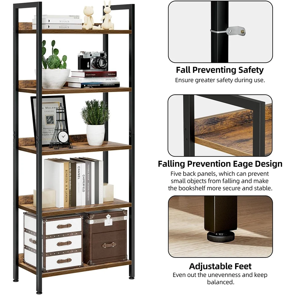 product 5 tier wooden modern bookshelves home office bookcase storage organizer free standing shelving unit bedroom living room-4
