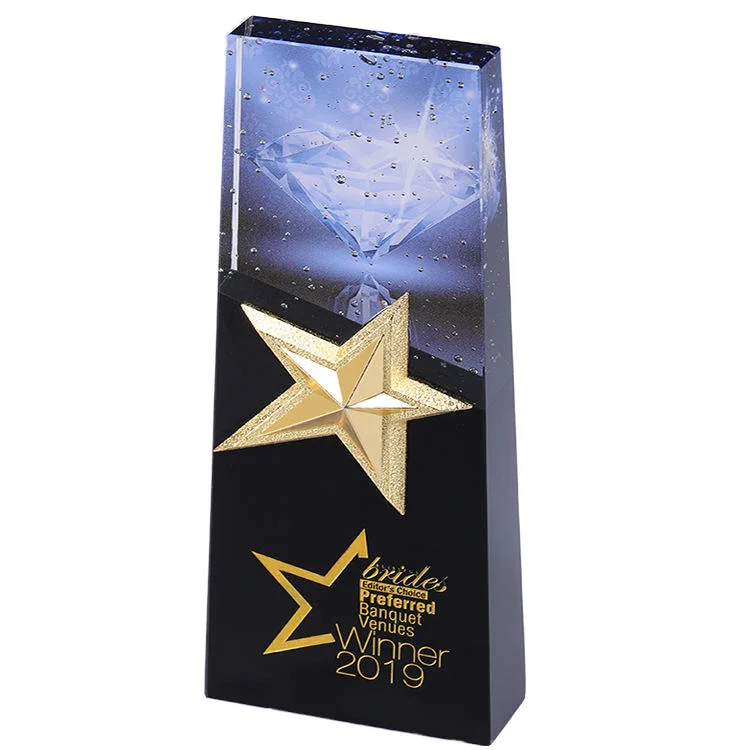 Small Bridge Customizable Colorful Printed Metal Star Crystal Trophy Creative Award Design with Glass Paper Material Wholesale