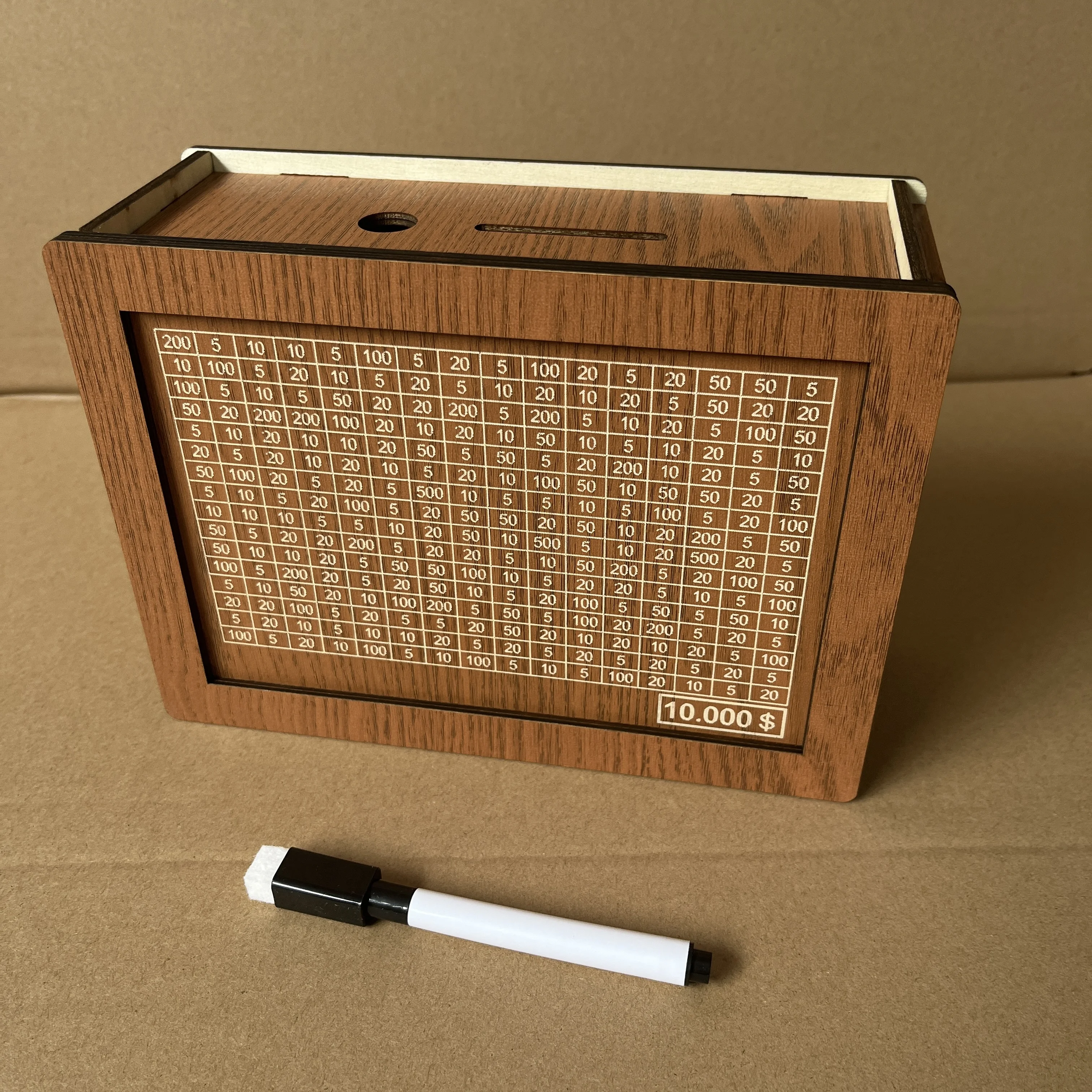 AIERSA Cash Vault - Salvadanaio in legno per 10000, 5000, 3000, 2000, 1000, 2000, 200, 200, salvadanaio, per adulti, con penna cancellabile a secco e tracker di risparmio vuoti