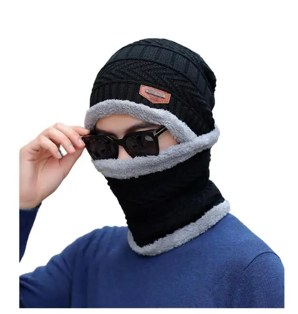 Popular Soft Thicken Knit Wool Plush Ski Hat Men Neck Warm Winter Wool Scarf Sets Women Men Beanie Knitted Hat and Scarf Set