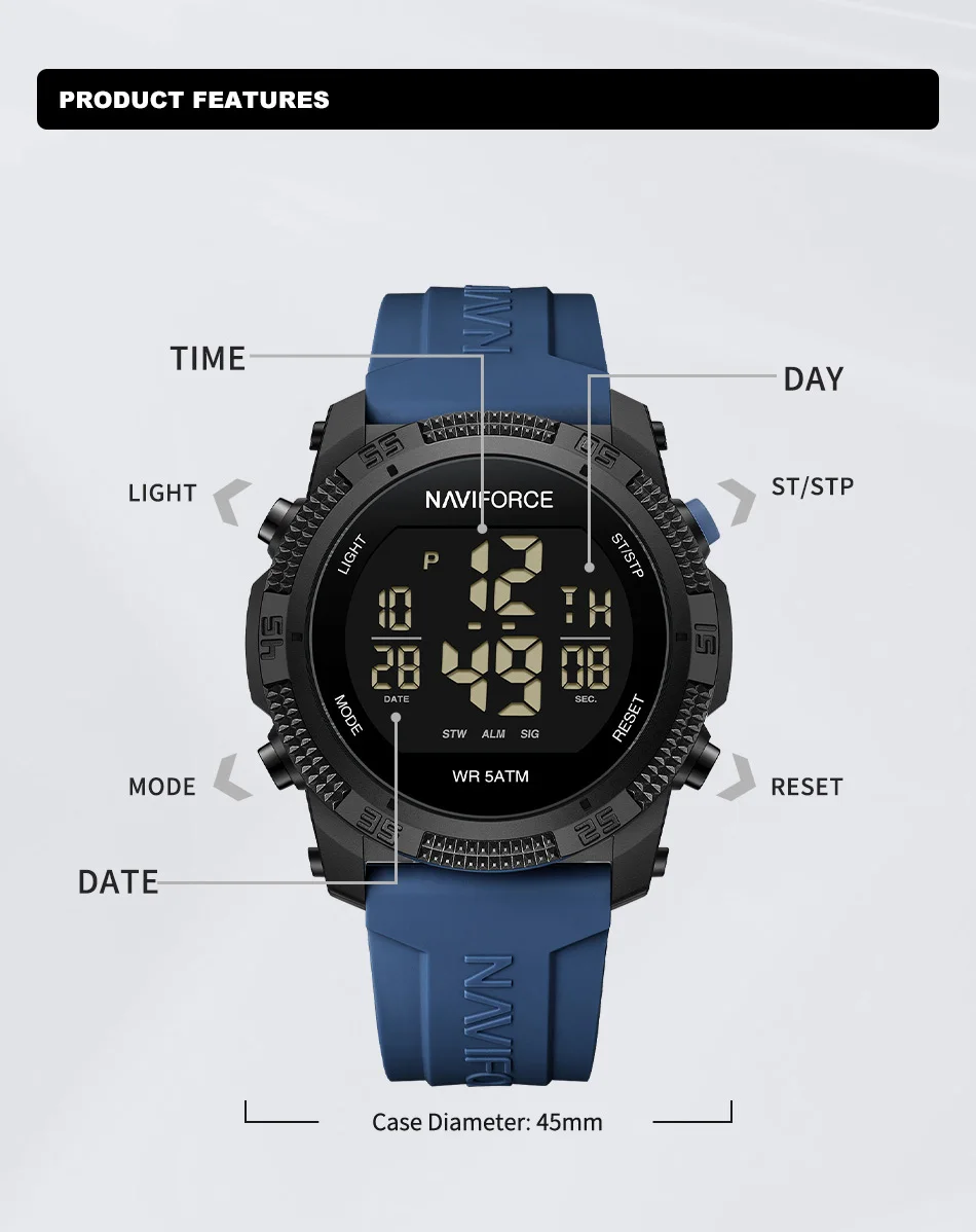 Original NAVIFORCE 7104 Digital Watch Men Sport Chronograph Wristwatch Date Stopwatch Waterproof  Male Electronic Clock