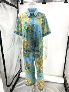 Women's Turquoise Floral Hand Block Satin Suit 2-Piece Casual Summer Set Woven Embroidered Shorts Festive Wear