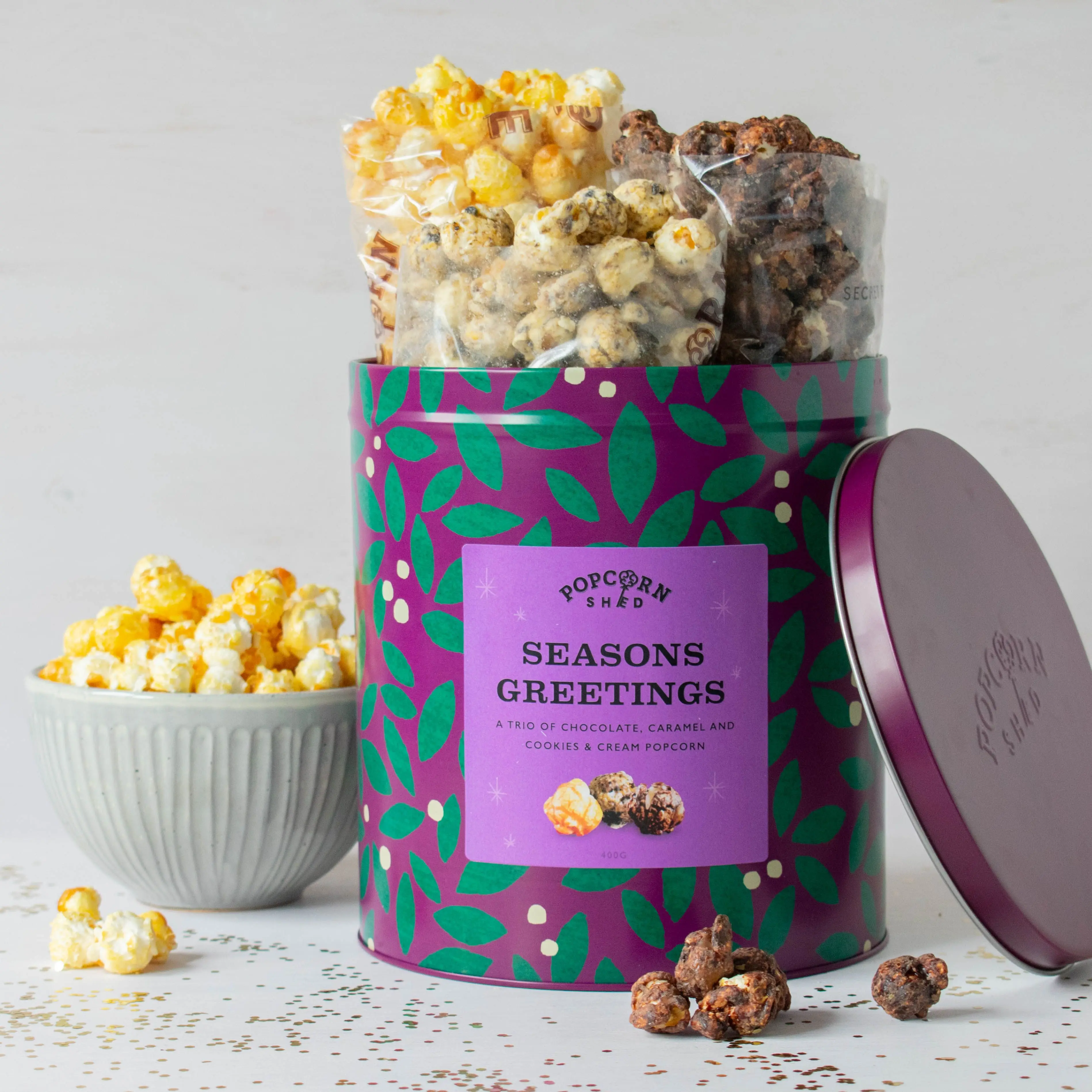 Wholesale custom printing christmas food grade large empty metal round popcorn tins bucket details