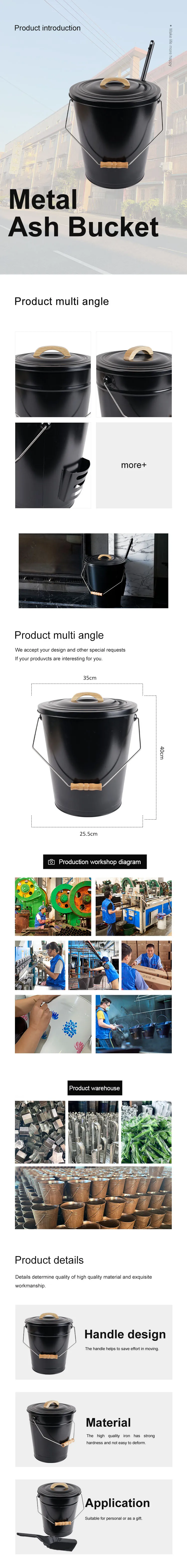 Metal Ash Bucket with Shovel Wooden handle ash buckets Storage buckets Fireside Accessories