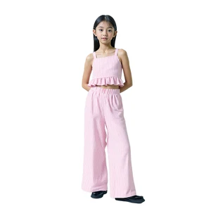 Customizable Pink Striped Children's Sling Ruffled Top Wide Leg Pants Girls Set