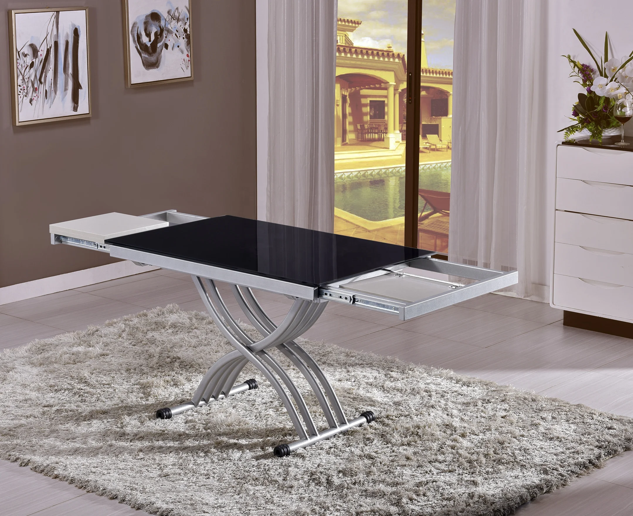 Glass Dining Table Set Coffee Table Convertible Classic Italian Transforming Folding up and Down Dining Room Furniture
