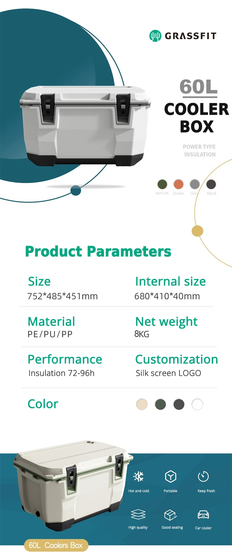 Outdoor Camping Picnic Hard Ice Cooler 60l Portable Pu Insulated Cooler Box Car Ice Chest Cooler