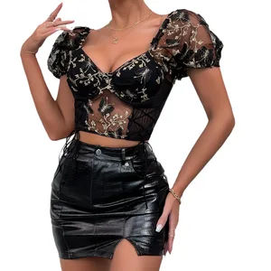 JENGS Spice Girl Splicing See-Through Vest Steel Ring Embroidery Lace-up Mesh Cropped Corset De Mujer Corset Top Sexy