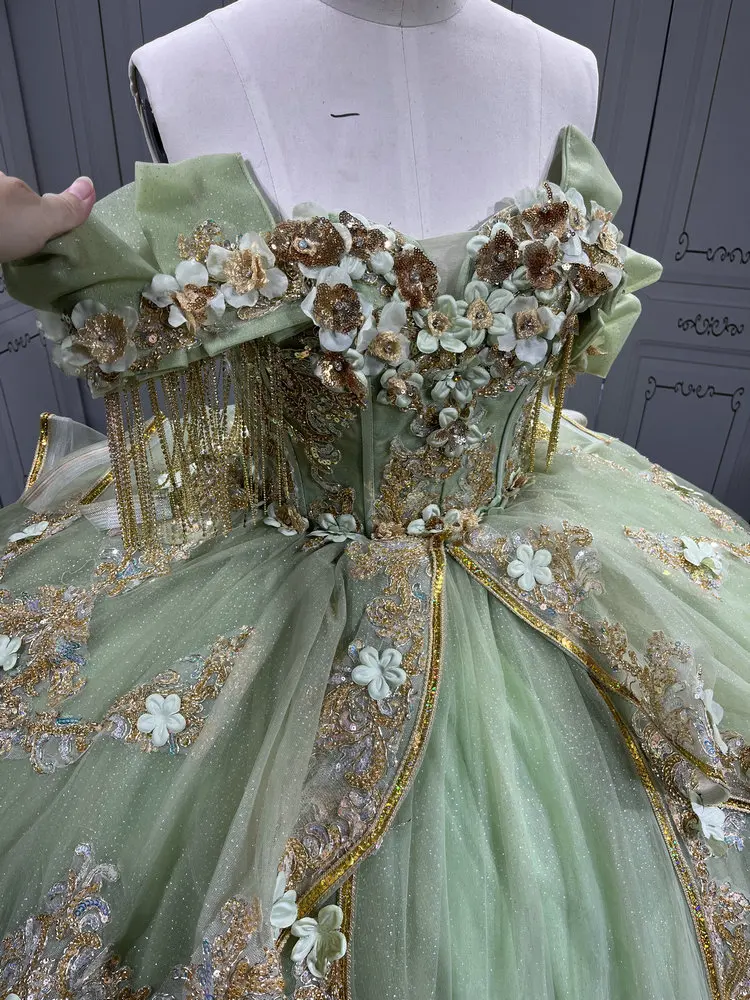 sage green and gold quince dress Dancing Queen 5021 Long Quinceanera Dress Sage / Small