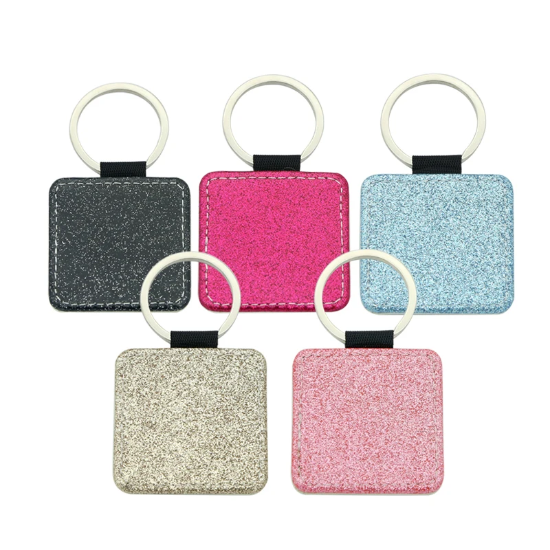 10PCS Sublimation Blanks Keychain Glitter PU Leather Keychain Heat Transfer  Keyring Christmas Ornaments Sublimation Keychains