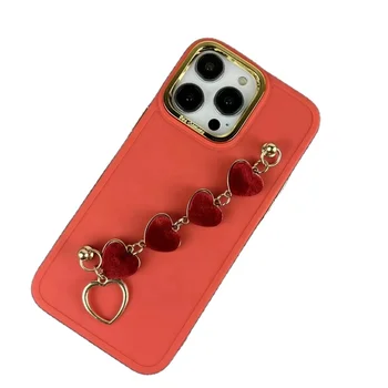 hot selling new popular electroplating 3D plush style love heart wrist chain mobile phone case for iphone 15 14 13 12 11 pro max