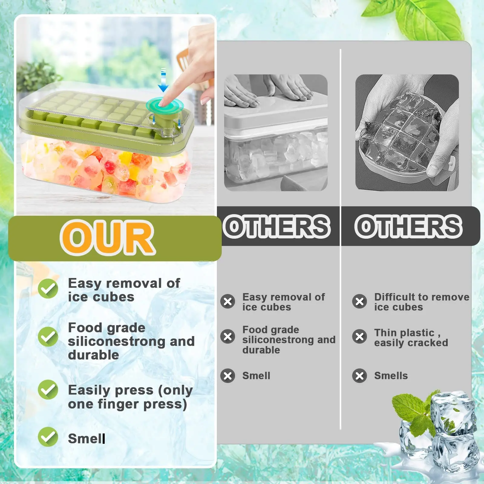 Plastic 2 Ice Cube Tray Mold And 1 Ice Bucket Box One Click Ice Cube