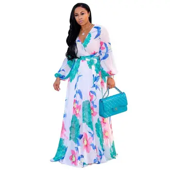 Ethnic New Fashion Women Floral Print Maxi Long Dresses High Quality Chiffon Spring Summer V-neck Chiffon Party A-line Dress