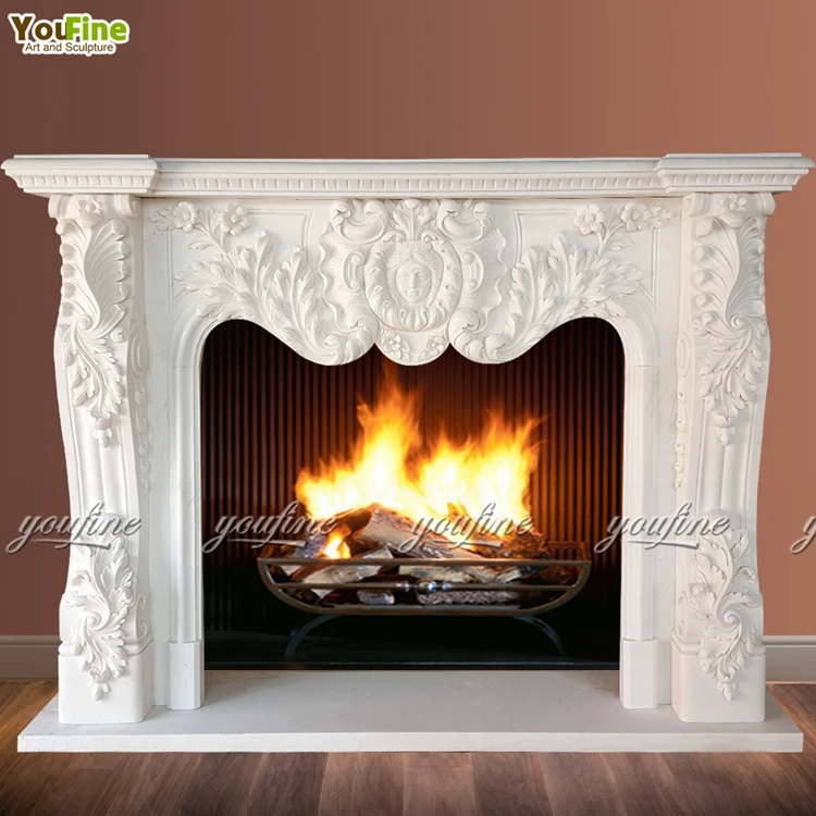 YouFine Hand Carved Natural White Marble Fireplace Mantel Arched French Style Figured Statue Fireplace Surround Luxury Decor
