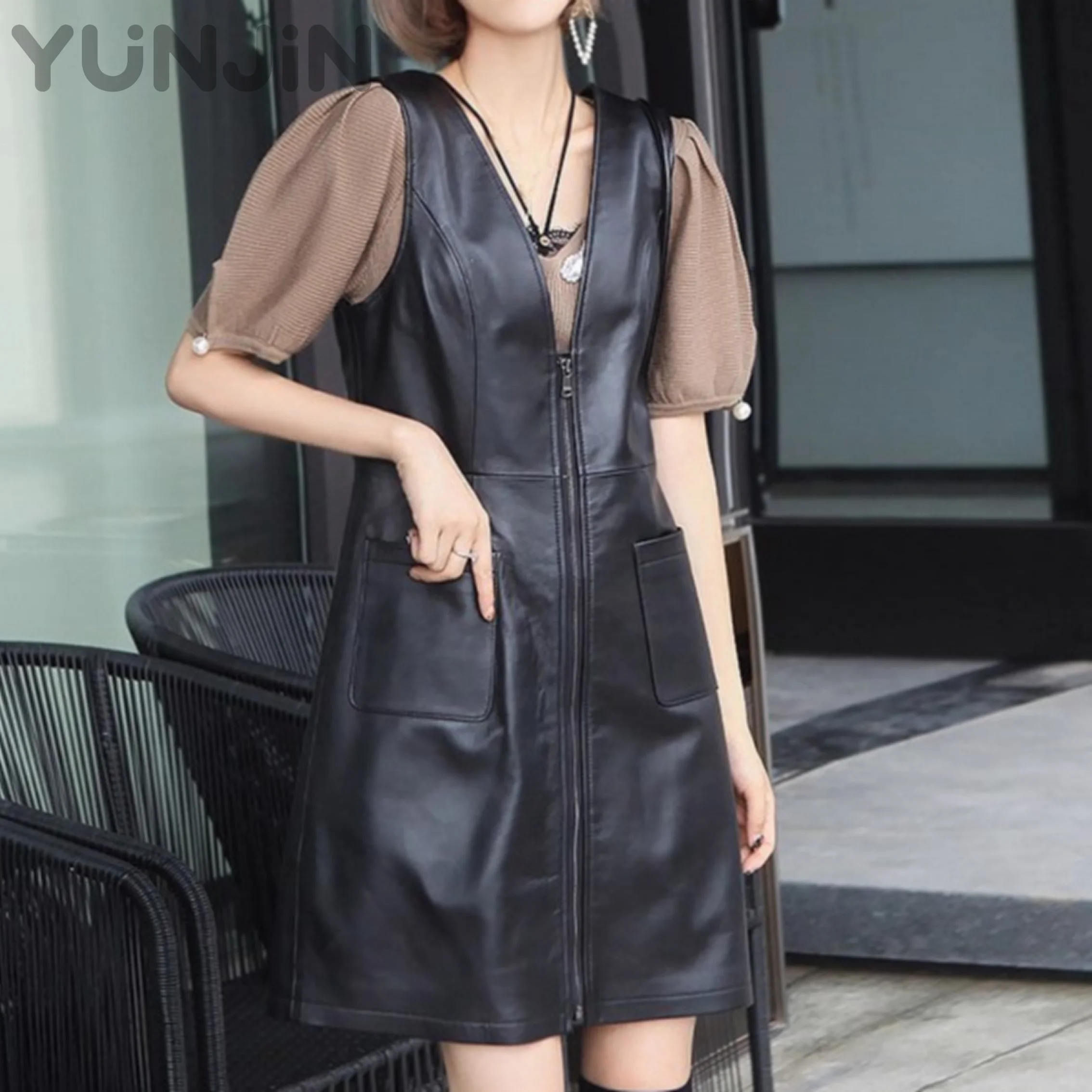 Women Genuine Sheep Leather Midi Dress Belted Waist