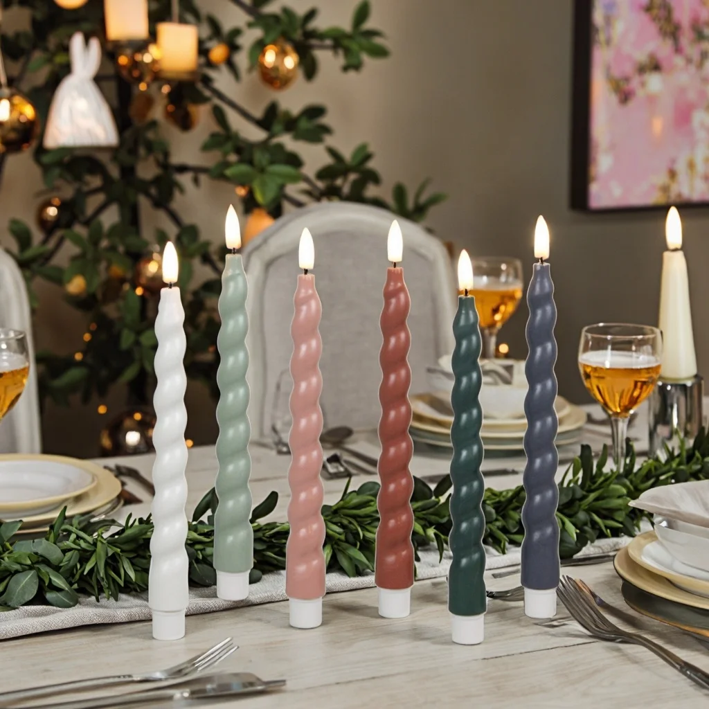 Wholesale Classic Colourful Pastel Twist 3D Real Flame Plastic Spiral LED Taper Flameless Candles for Wedding Easter