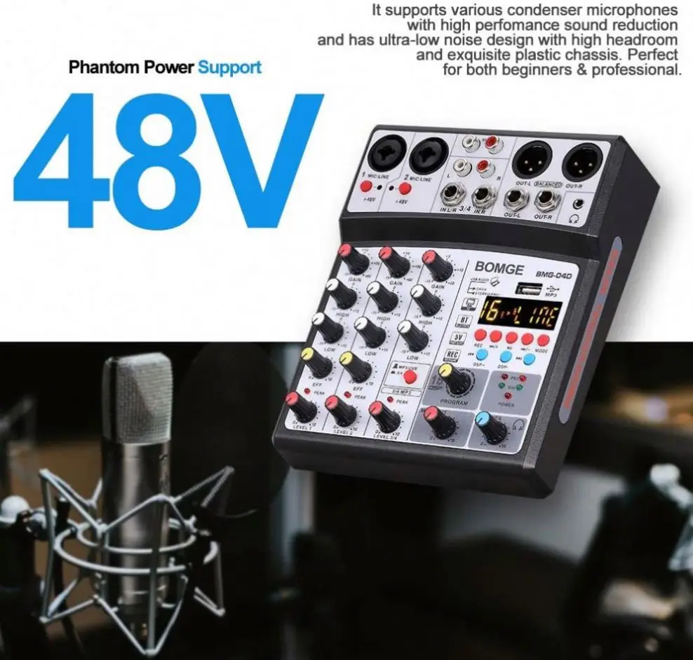 Professional 4 Channel USB Audio Mixer Dj Console Stereo Recording 48V Phantom Power 16  DSP Musical Instrument