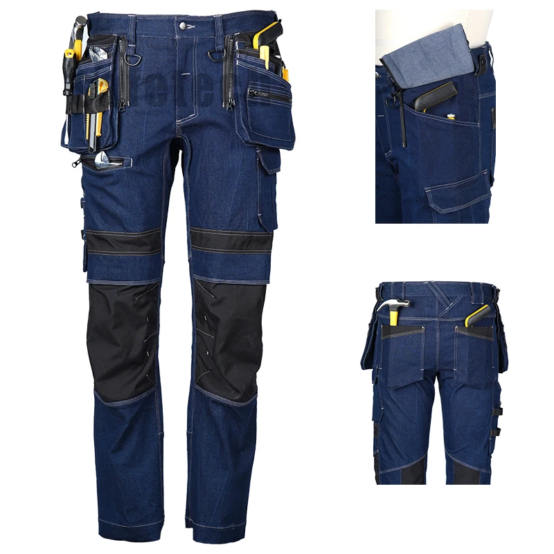 Custom LOGO Multi Pockets Tooling Regular Denim Jeans Workwear Pants for Men Safety Electrician Carpenter Trousers