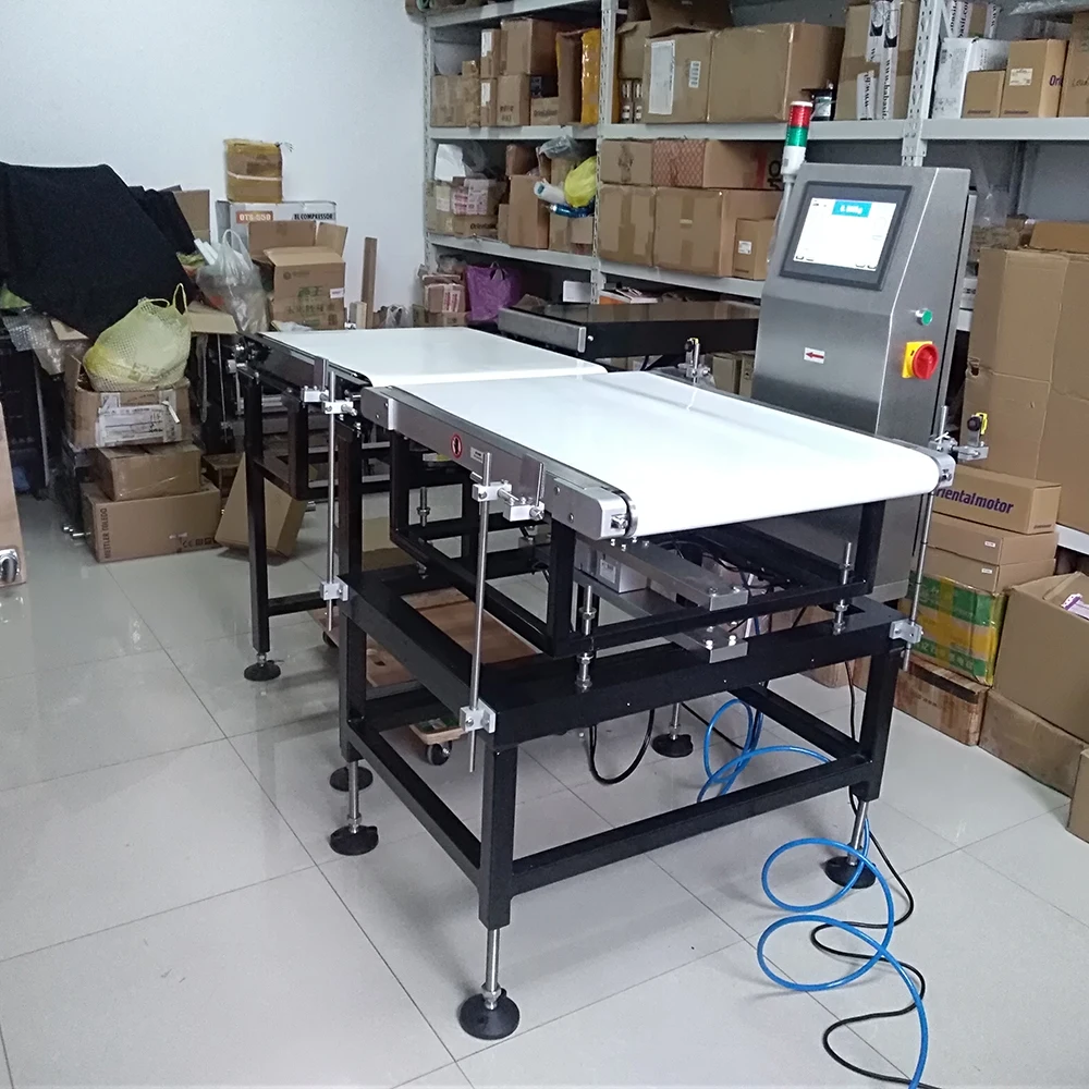 Weight Checking Sorting Checkweigher with Barcode Scanner Ink Printer Integrated for Carton Container Box Roller Pusher Rejector