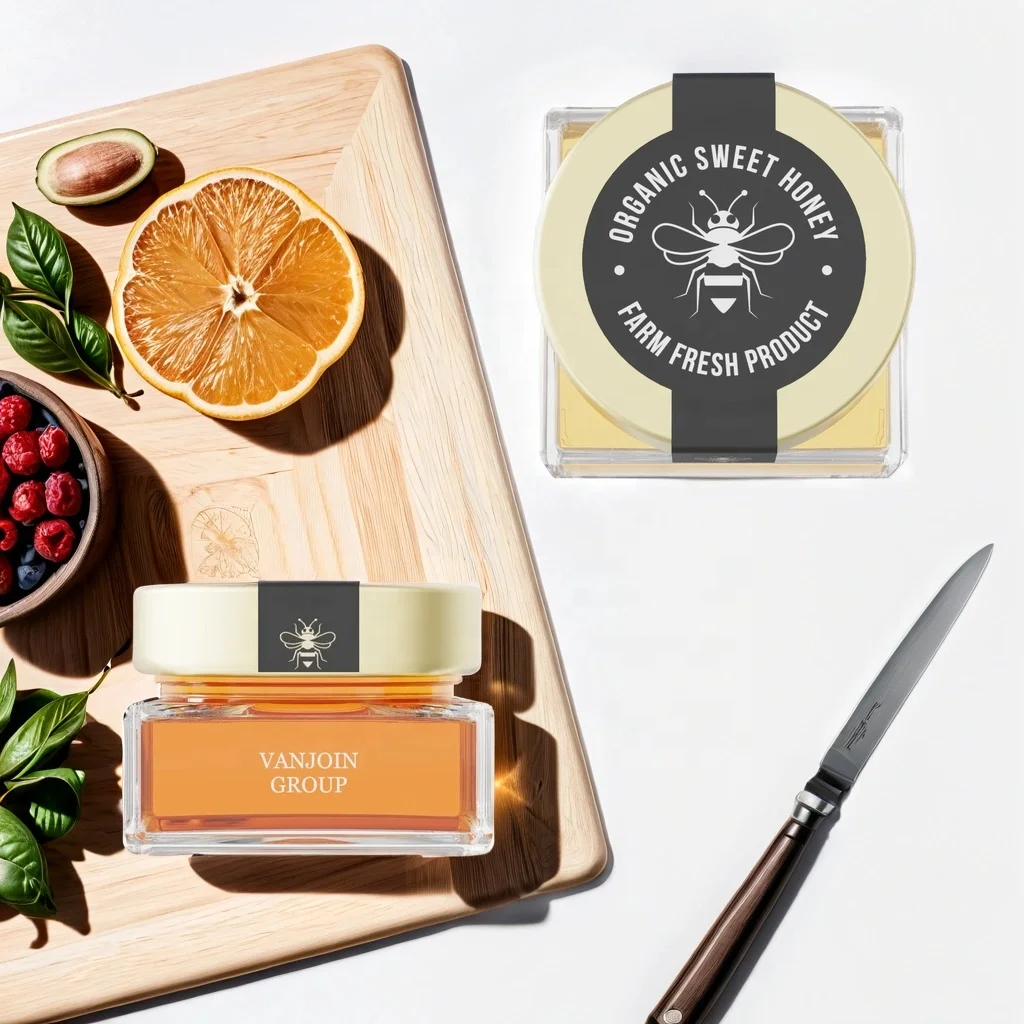 New Design 106ml Square Ergo Glass Honey Jam Jar With Deep Metal Lug Cap Wooden Honey Dipper for 150g Honey Storage