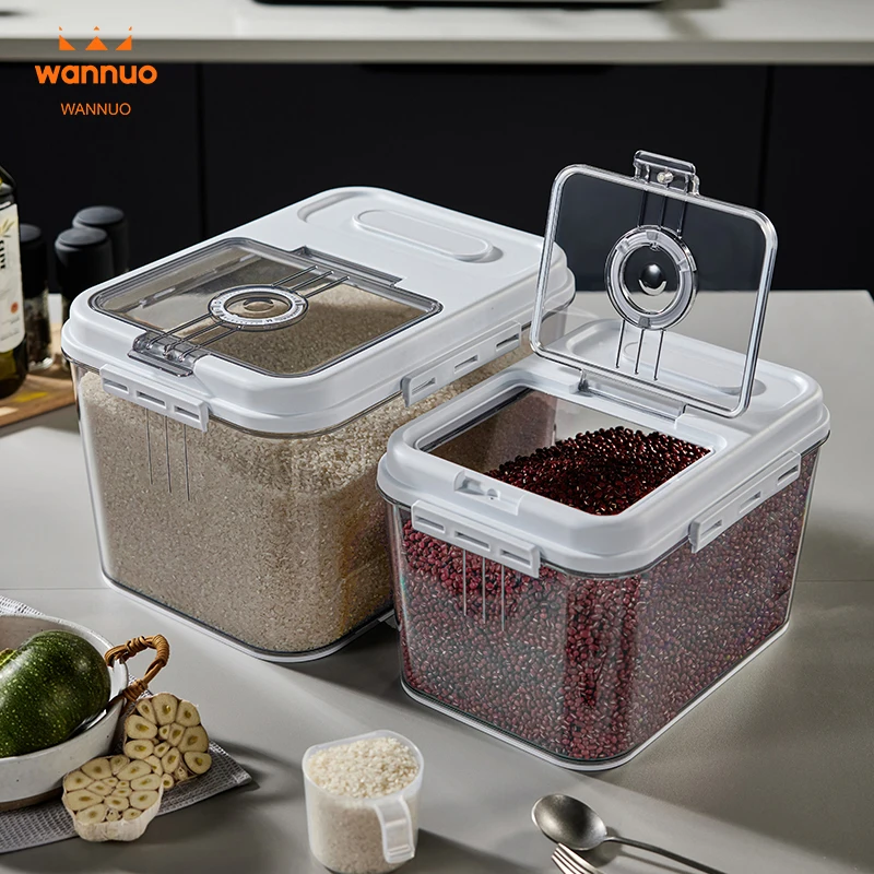 Wannuo 15kg Grain Container Insect-proof Rice Storage PET Rice Box Moisture-proof Kitchen Rice Dispenser with Magnet Switch