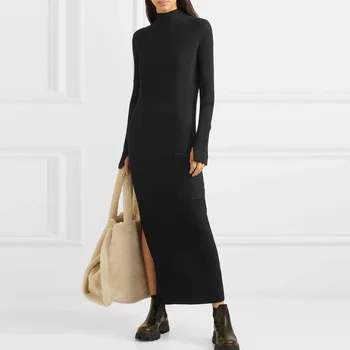Turtleneck Maxi Dress Ribbing Knit Women Casual Sweater Long Dress with Pocket