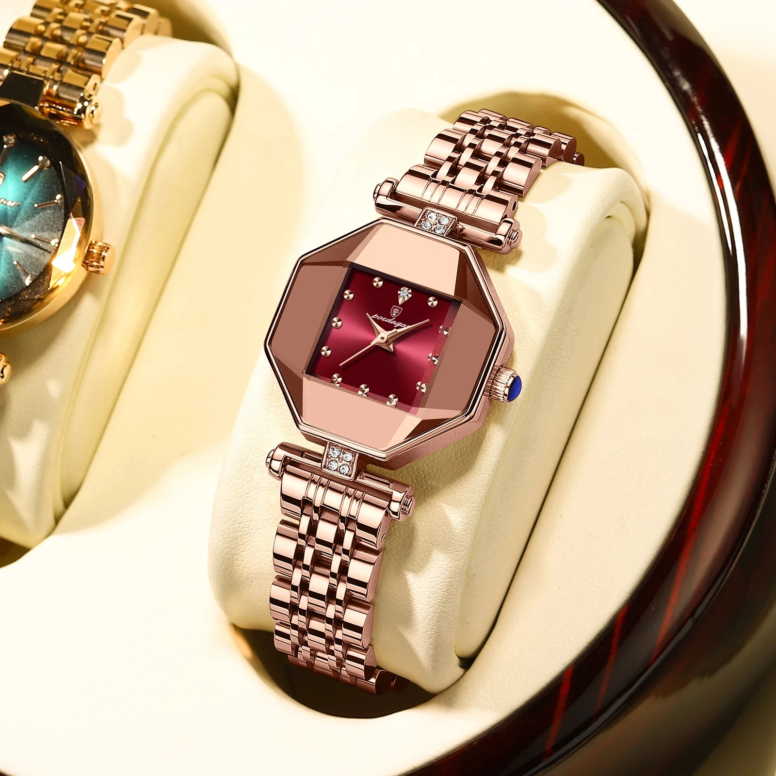 POEDAGAR Women's Quartz Watch - Green Dial & Diamonds
