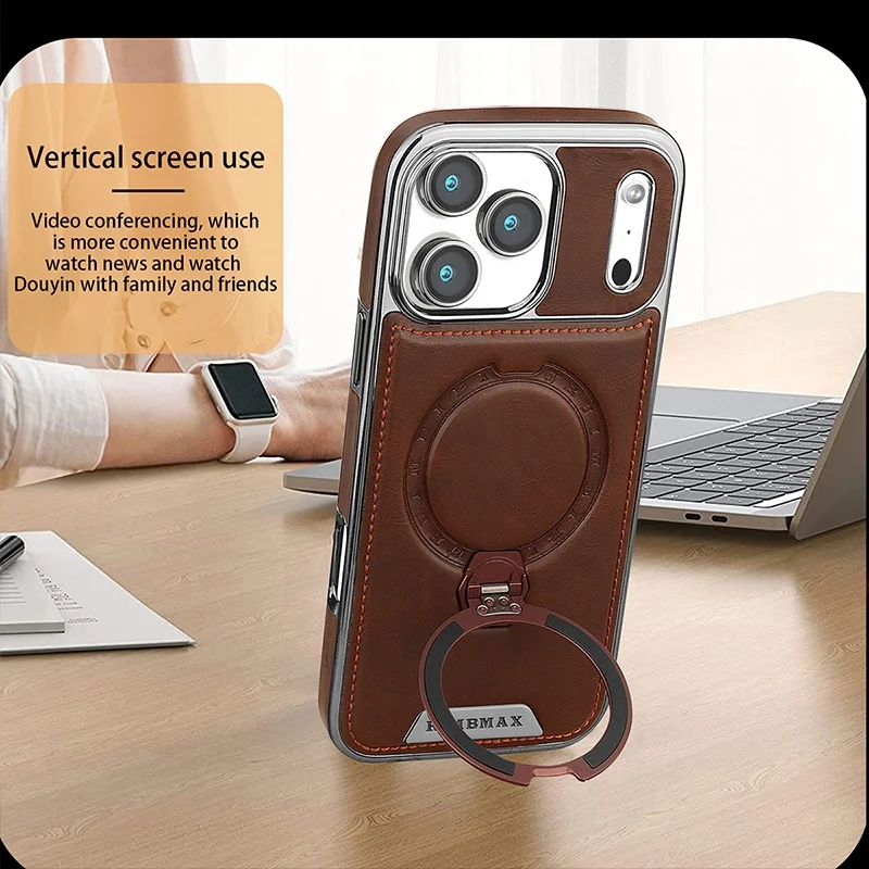 Luxury Magnetic Leather Phone Case for iPhone 17 11 12 13 14 15 16 Pro Max 17 Air With 360° Metal Ring Stand Shockproof Cover