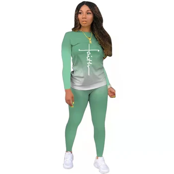 European and American cross-border gradient printed sports suit, long sleeved round neck fashion casual set, two-piece set