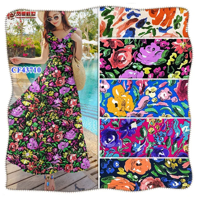 Oil painting effect flower printing high grade staple rayon printed fabric Spot and customized suppliers of clothing