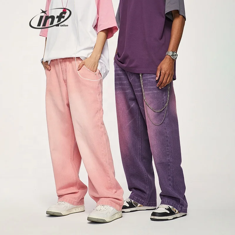 INFLATION Pink Cargo Denim Pants - Unisex Wide Leg Style