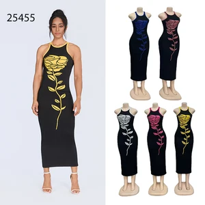 Wholesale New High Quality Rose Print Sleeveless Strap Backless Knit Fashion Elegant Dress